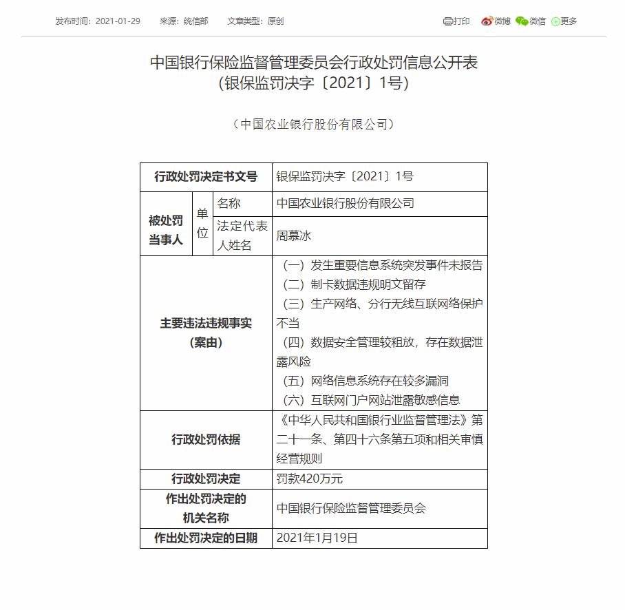 因網(wǎng)絡安全等問題中國農(nóng)業(yè)銀行被罰款420萬